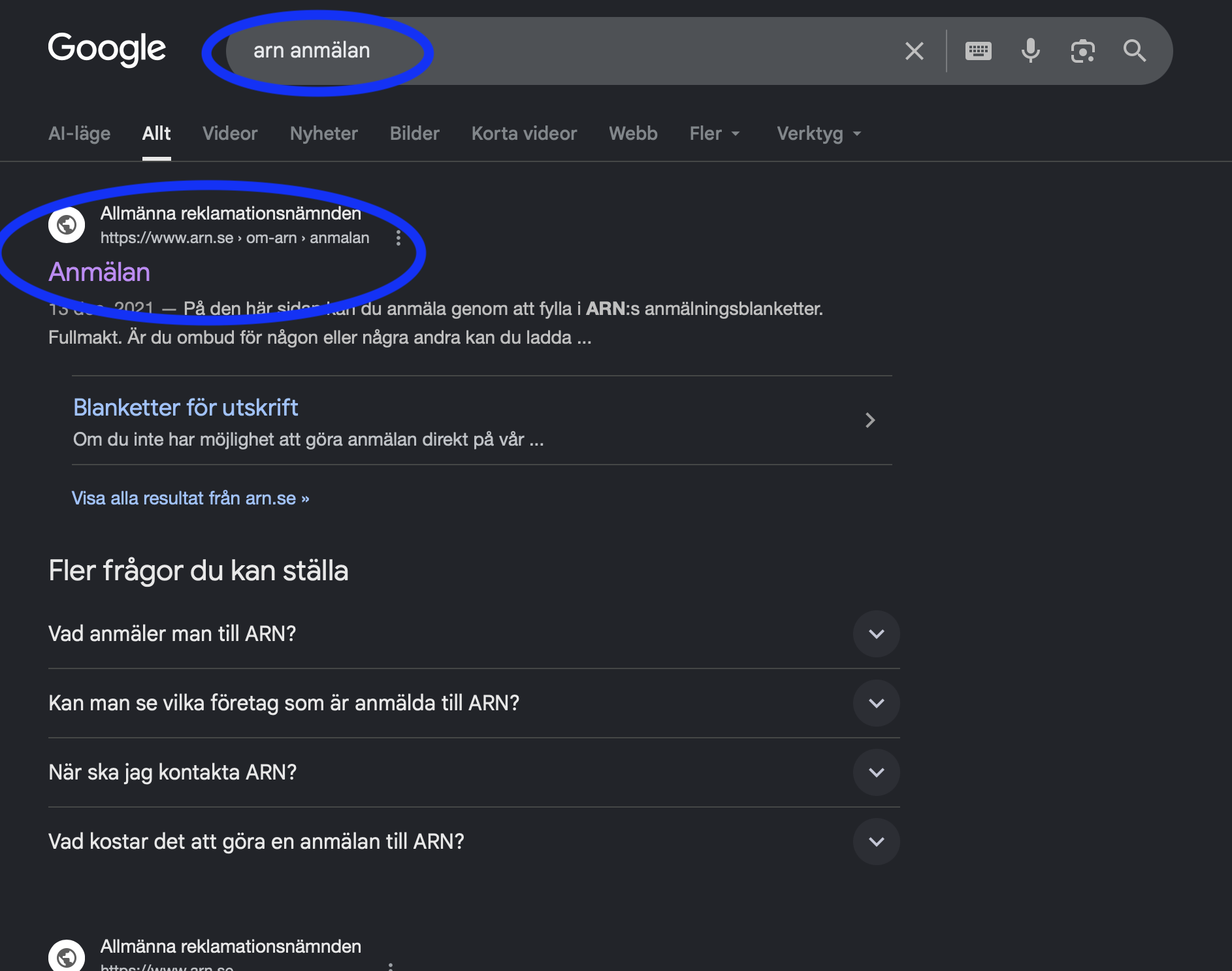 Google-sökning på 'arn anmälan' med Allmänna reklamationsnämndens resultat överst