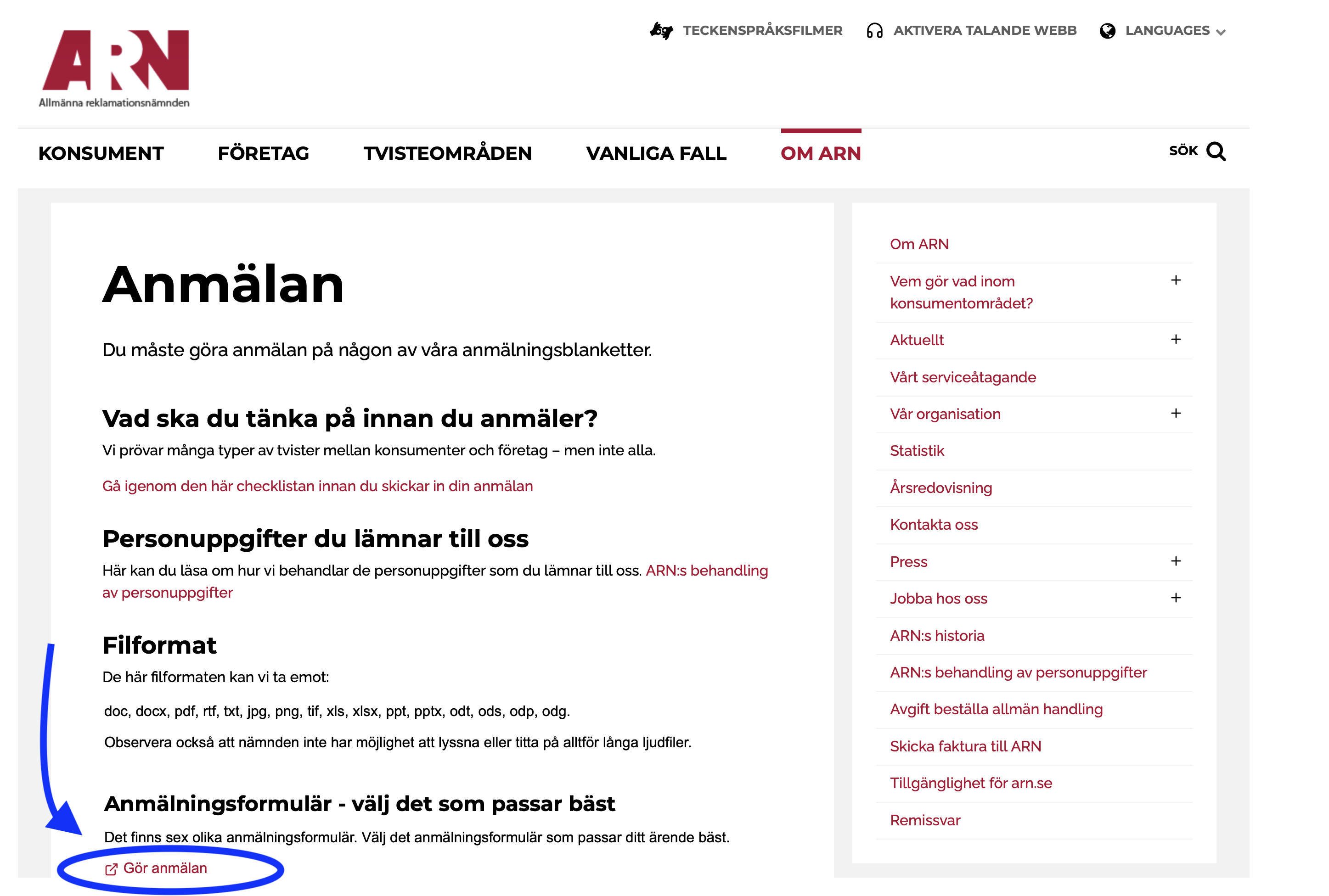 ARN:s informationssida om anmälan med filformat och länken Gör anmälan
