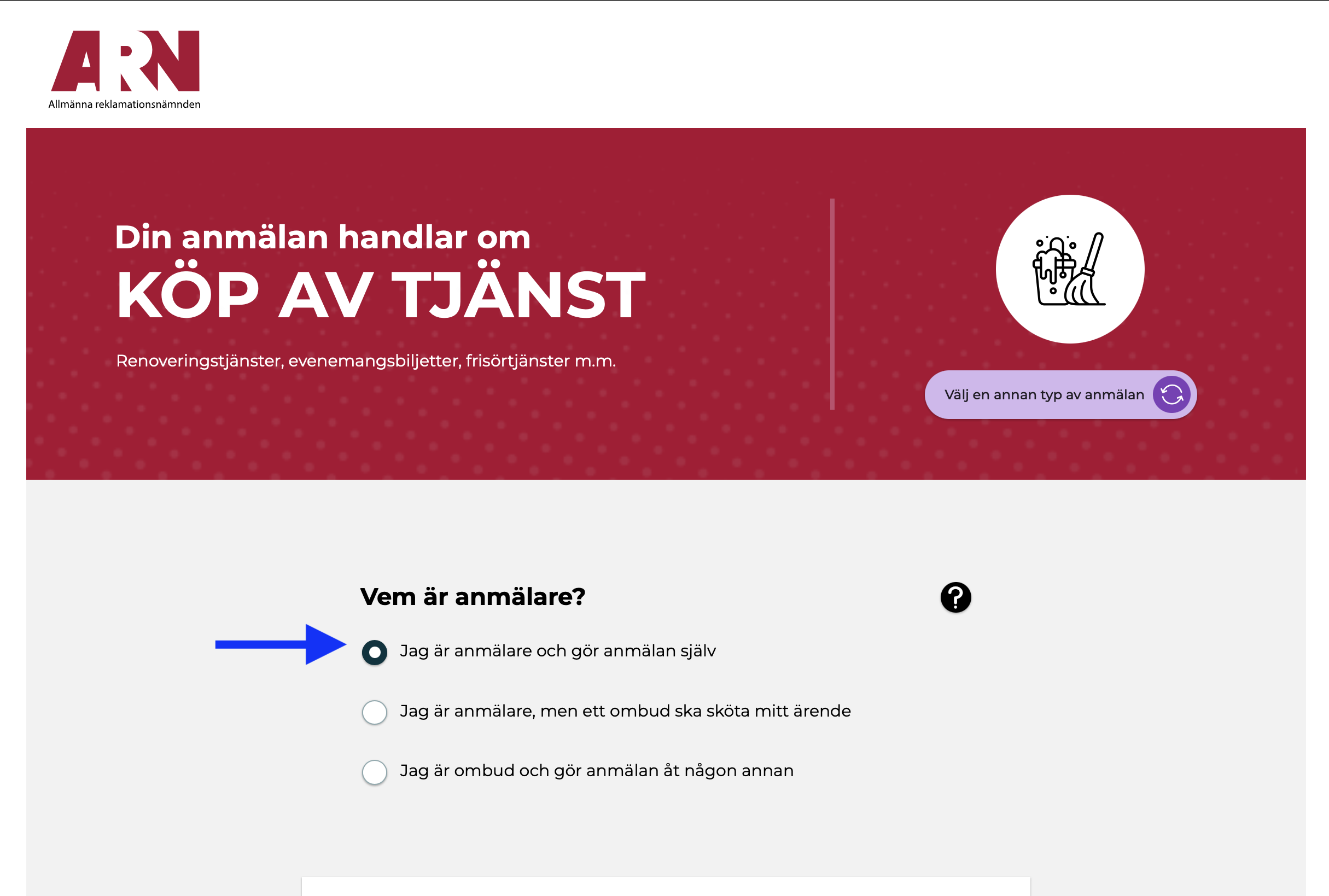 Introduktionssidan för Köp av tjänst med frågan Vem är anmälare