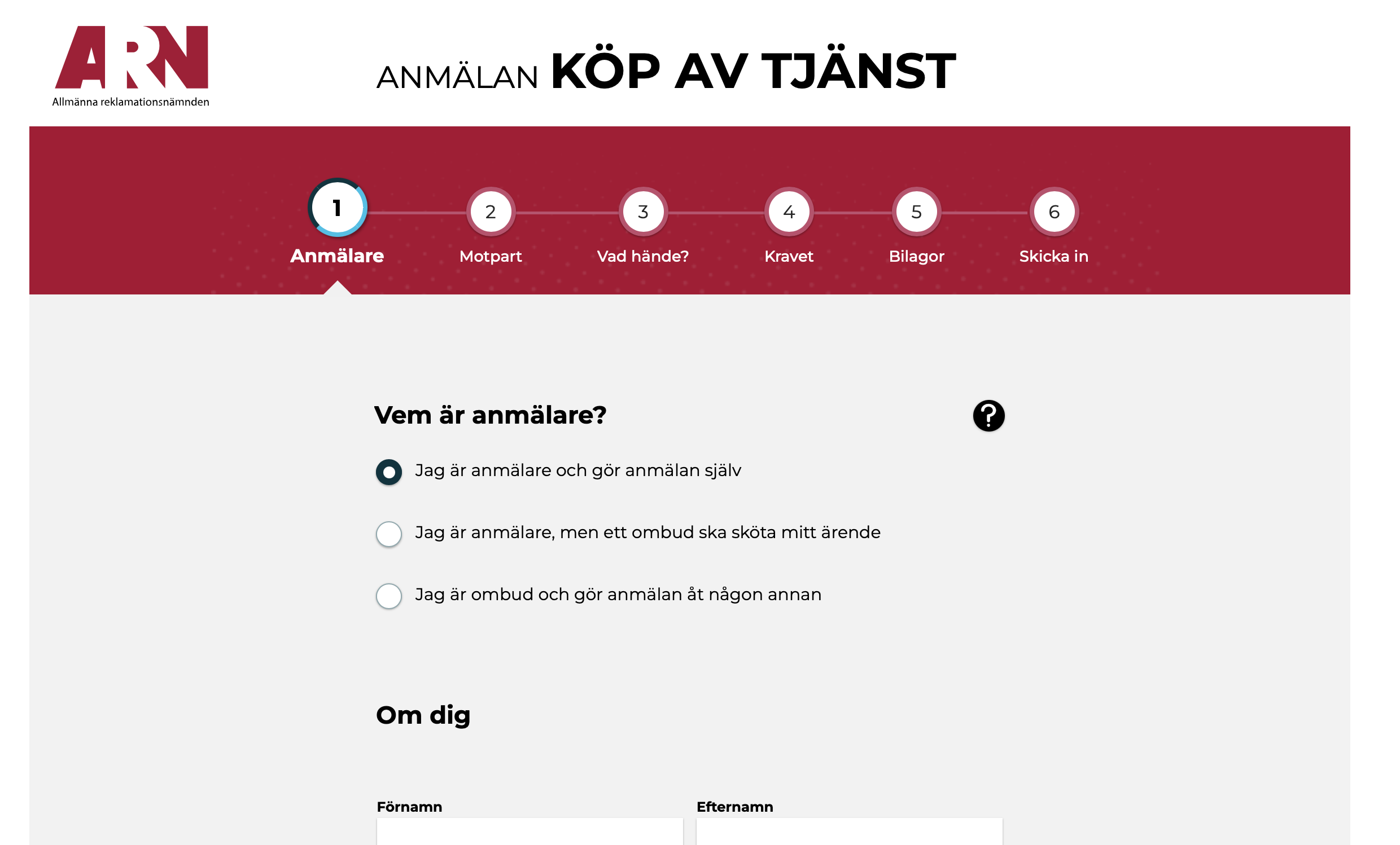 Steg 1 Anmälare med fält för anmälarens personuppgifter