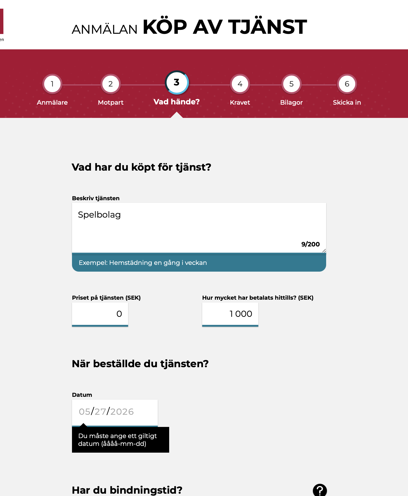 Steg 3 Vad hände ifyllt med ett exempel på beskrivning av tjänst och belopp