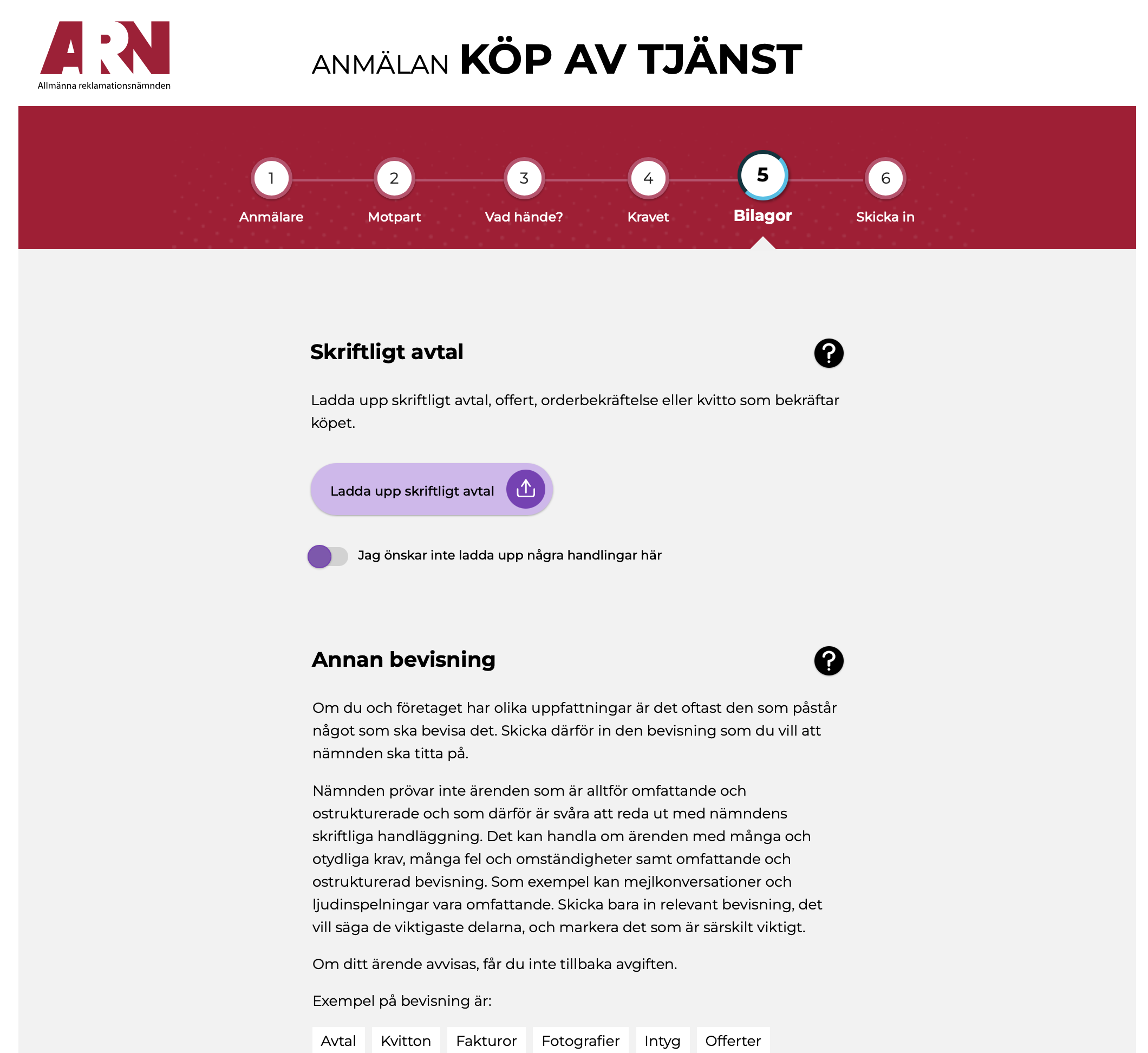 Steg 5 Bilagor med uppladdning av skriftligt avtal och annan bevisning