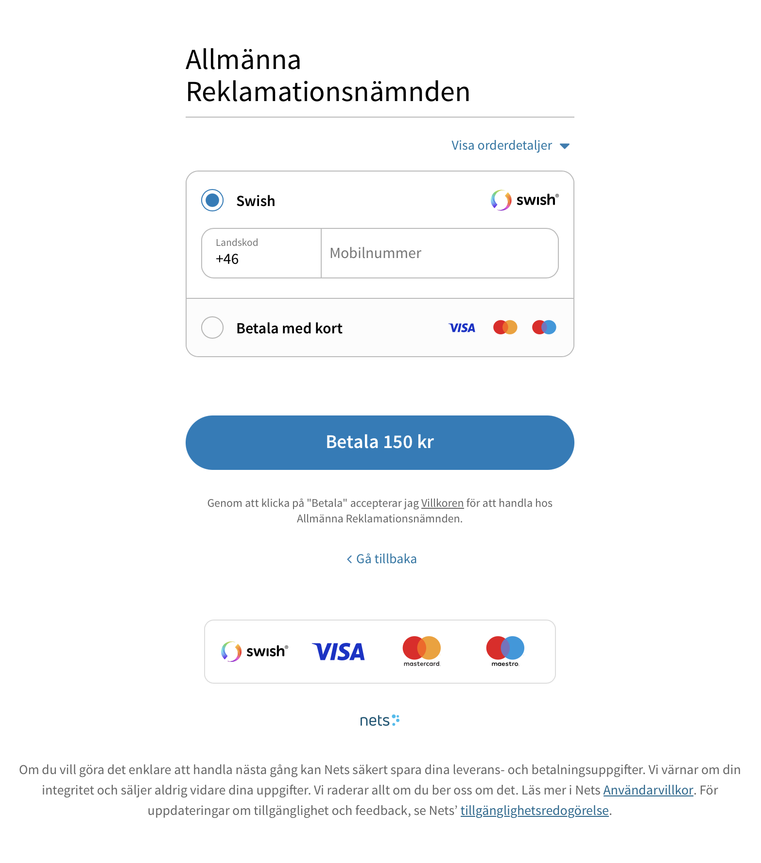 ARN:s betalsida med val mellan Swish och kortbetalning för 150 kr