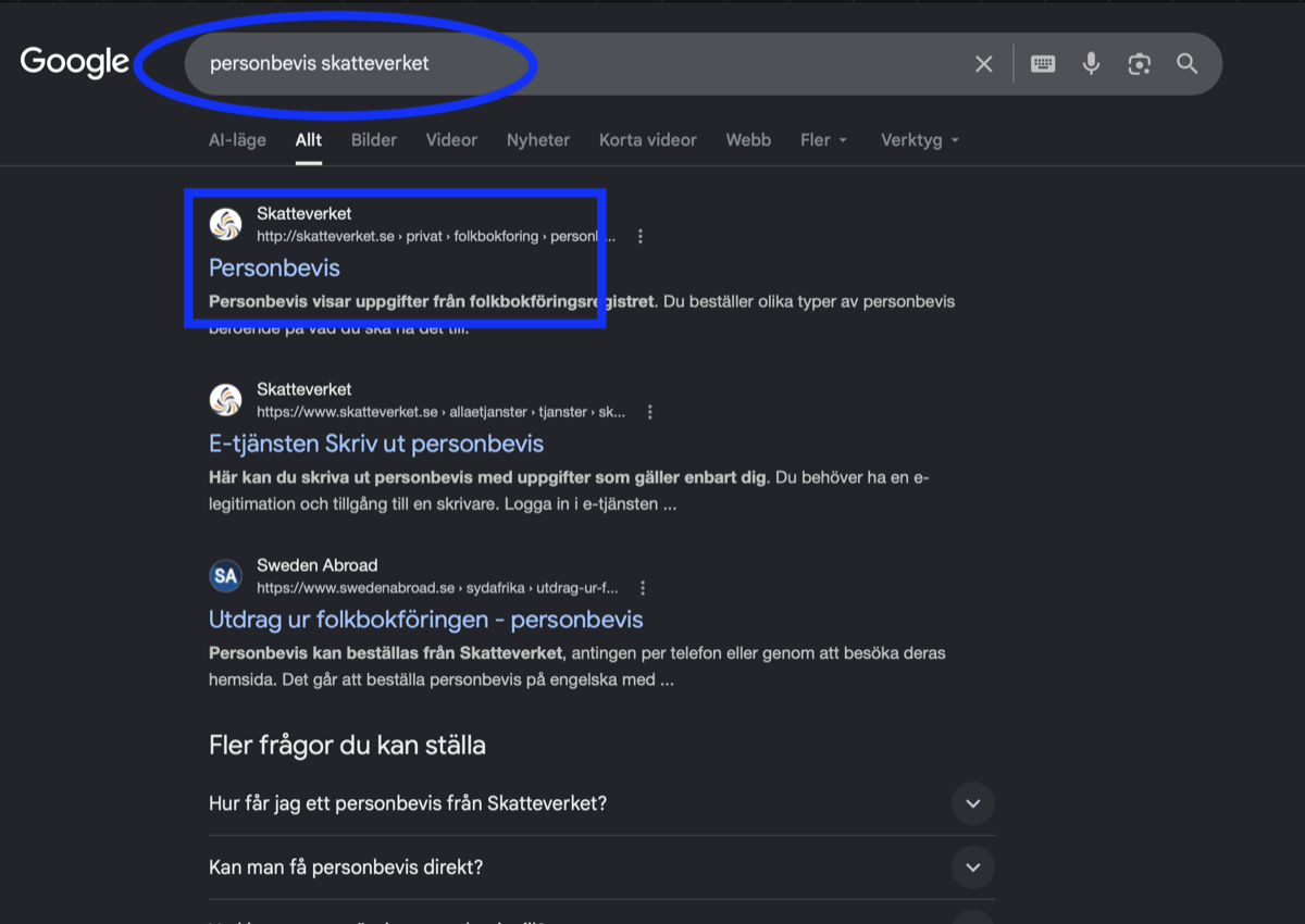 Google-sökning på personbevis skatteverket med Skatteverkets resultat överst