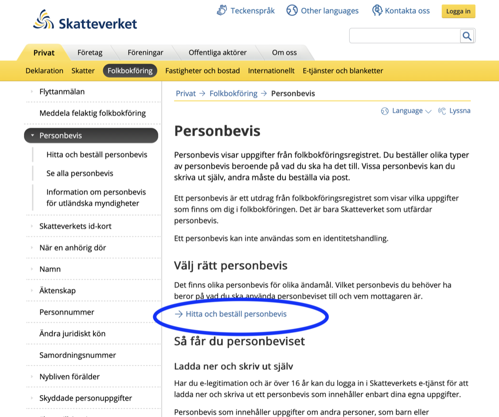 Skatteverkets sida om personbevis med 'Hitta och beställ personbevis'-länken inringad