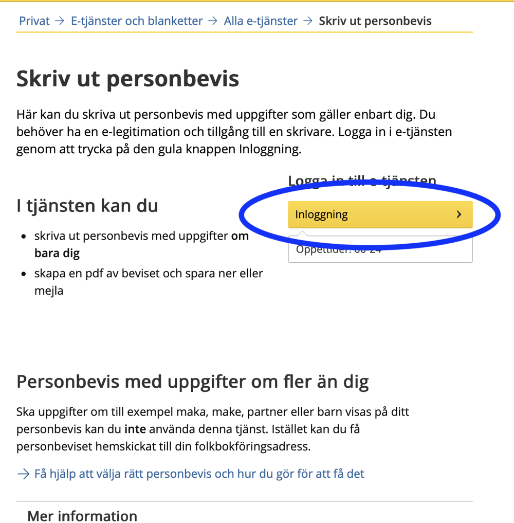 Sidan 'Skriv ut personbevis' med gula Inloggning-knappen inringad