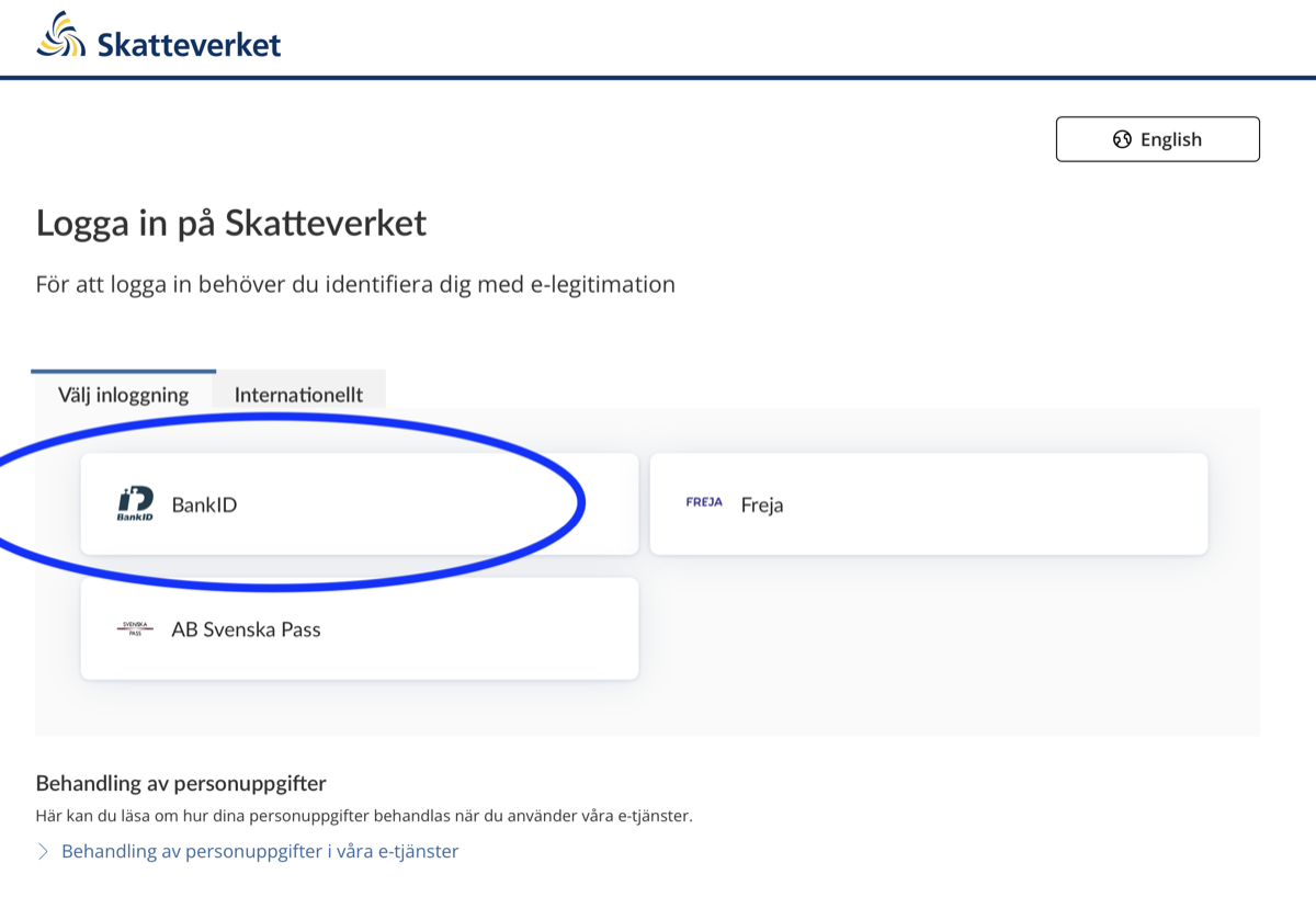 Skatteverkets inloggningssida med BankID-valet inringat