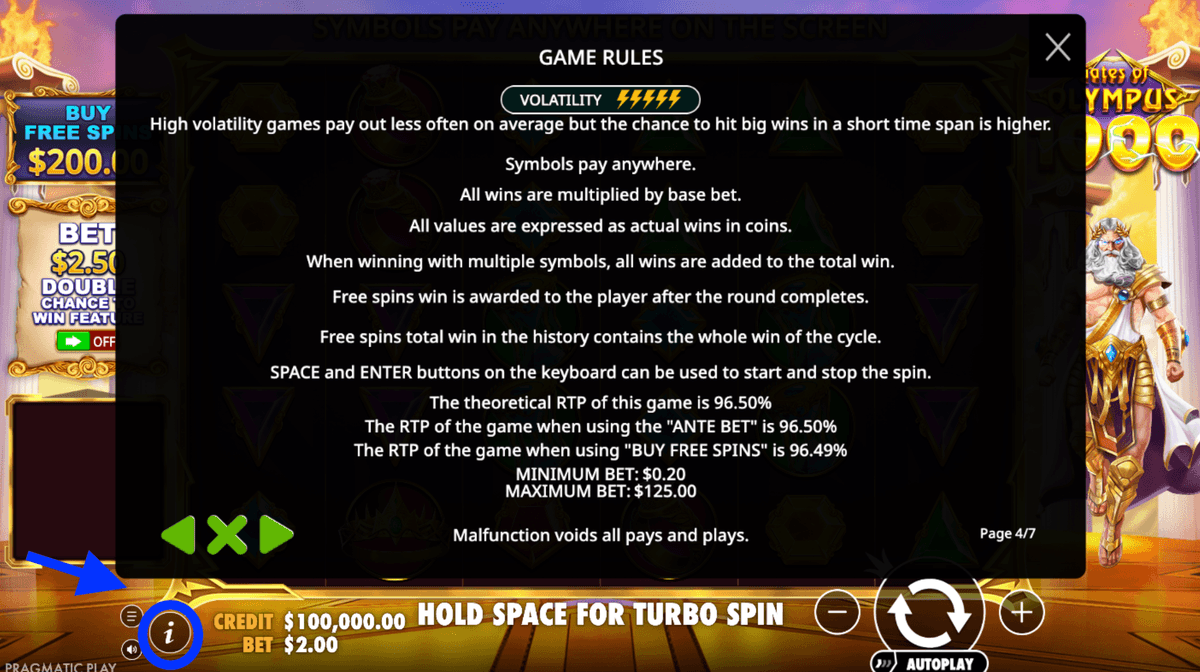 Informationsskärmen Game Rules i Gates of Olympus från Pragmatic Play där det står att spelets teoretiska RTP är 96,50 procent