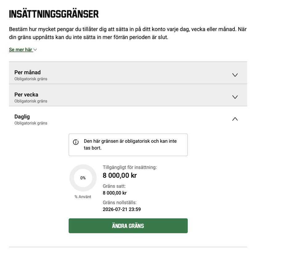 Skärmdump av insättningsgränsvyn hos ett svensklicensierat spelbolag: dagliga, vecko- och månadsgränser, där den dagliga gränsen är expanderad med notisen att gränsen är obligatorisk och inte kan tas bort.