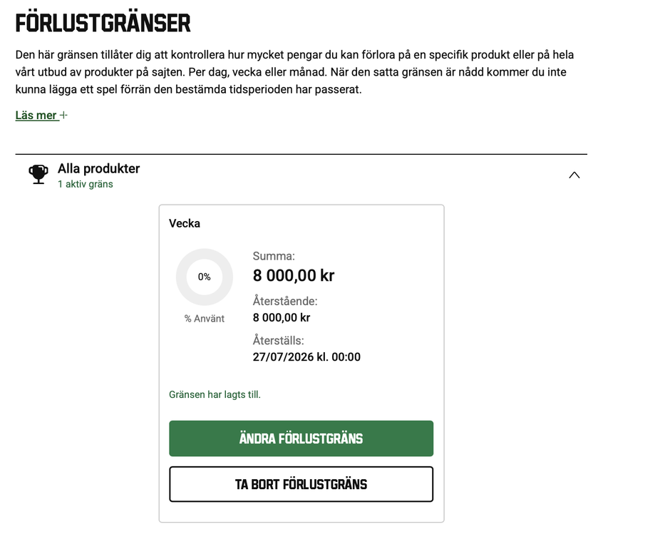 Skärmdump av en aktiv förlustgräns hos ett svensklicensierat spelbolag: en veckogräns med summa, återstående belopp och återställningsdatum, samt knappar för att ändra eller ta bort gränsen.