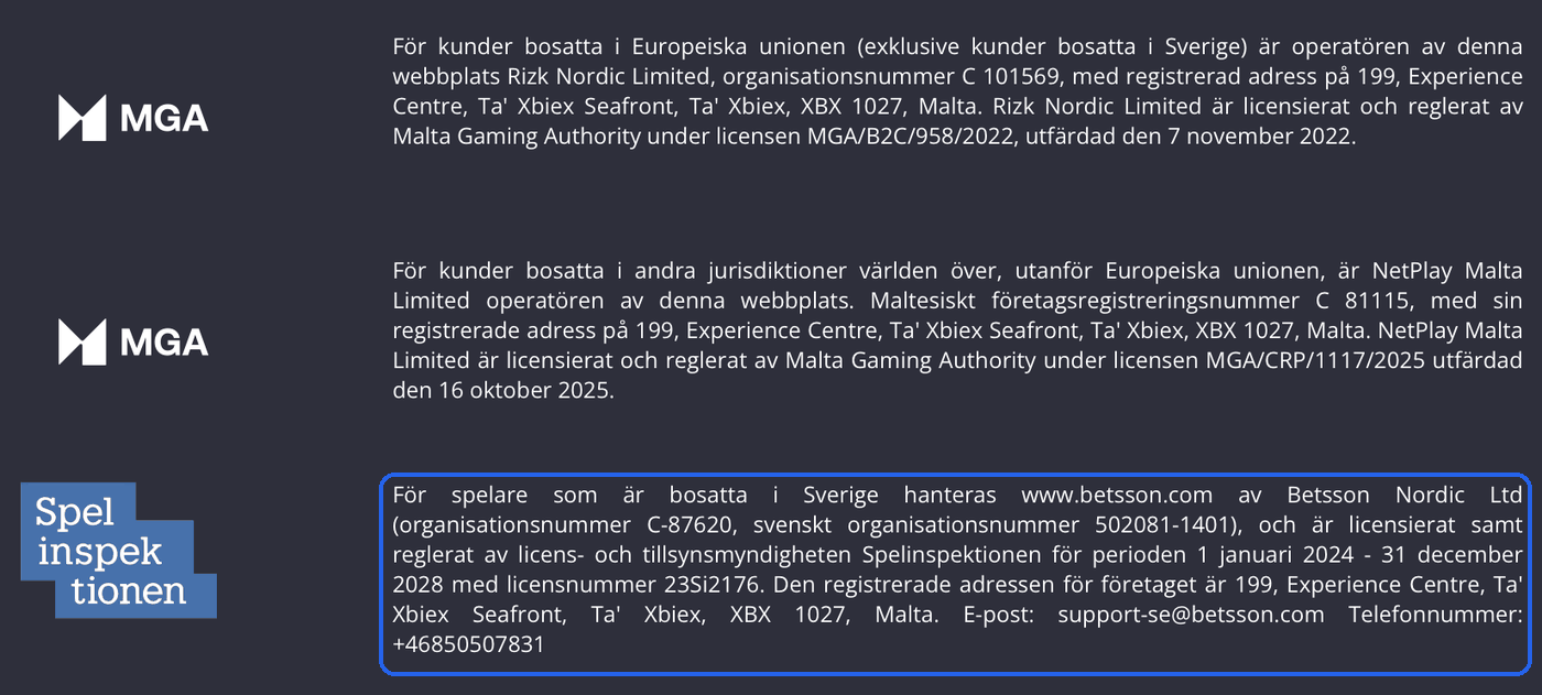 Skärmdump ur en spelsajts sidfot: två licensblock för Malta Gaming Authority följda av Spelinspektionens logotyp och stycket för spelare bosatta i Sverige, med licenshavare, licensnummer och licensperiod. Sverigestycket är markerat med en blå ram.