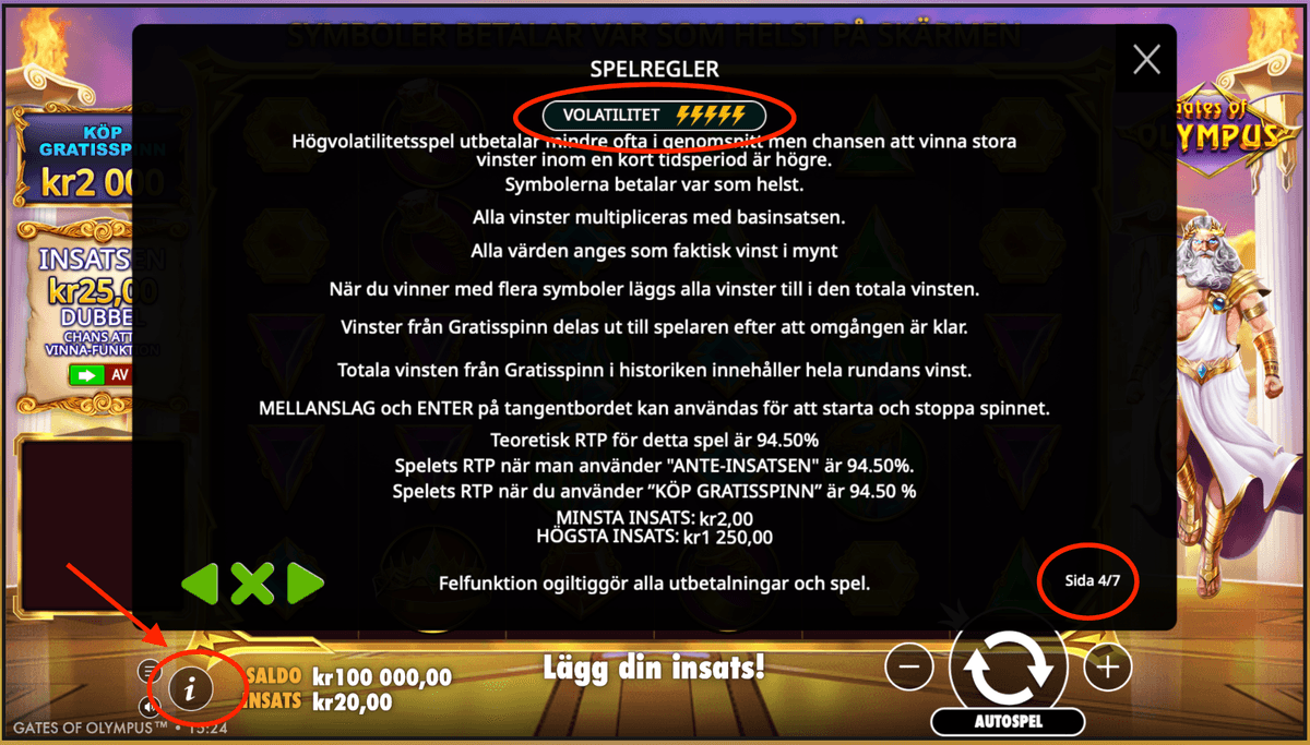Skärmdump som visar var i en slot tillverkarens volatilitetsuppgift står. Exemplet är Gates of Olympus, där volatiliteten anges i spelets egen informationsruta.